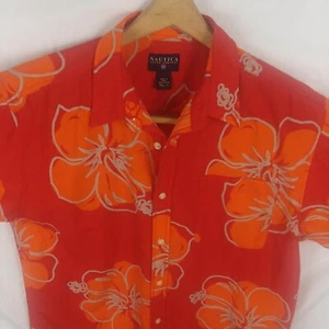 Nautica Jeans Button-Up Hawaiian Red Floral Camp Shirt Size XL Embroidered Logo - Picture 1 of 10