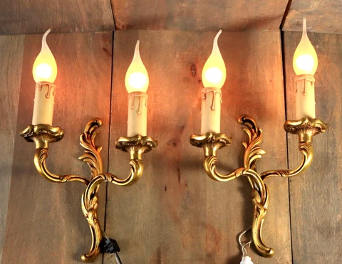 Antique French Gilt Bronze Louis XV Wall Lamps Sconce Light PAIR 1950s Cover