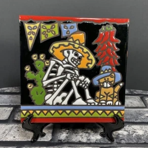 Earthtones Siesta Hand Glazed Day Of The Dead Skeleton in Sombrero 6” Art Tile - Picture 1 of 7