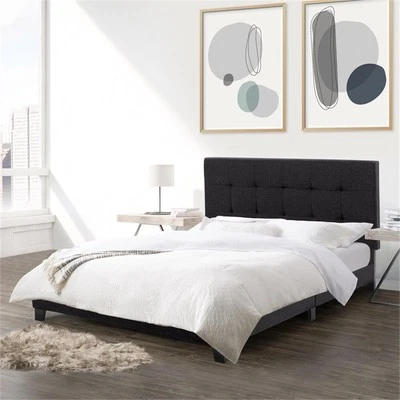 Cama doble acolchada de madera y tela de ingeniería negra CorLiving Ellery Foto 1 de 4