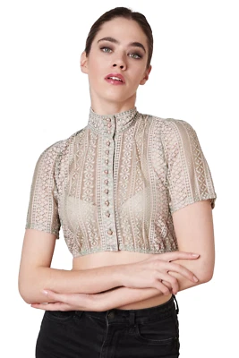 Dirndlbluse, Krüger Collection Kali, rosa, Halbarm hochgeschlossen Gr. 44, grün - Bild 1 von 4