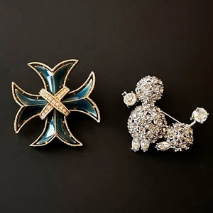 Lot 2 Vintage Brooches Cross Enamel Monet & Dog Rhinestone poodle Brooch - Picture 1 of 6