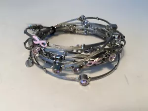 Cookie Lee Set Of 10 Wire And Genuine Crystal Cancer Support Bangle Bracelets - Picture 1 of 4