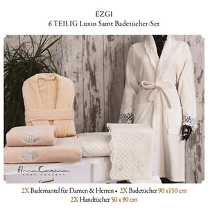 Ezgi Samt Badetücher-Set 2x Bademantel 2x Badetuch 2x Handtuch Cappuccino - Bild 1 von 13