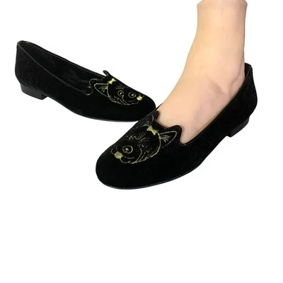 VINTAGE CIRCA 1990'S VANELI BLACK LEATHER & VELVET YORKIE LOAFERS SZ 6.5 - Image 1 of 4