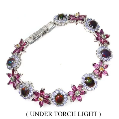925 Sterling Silver Bracelet Oval Black Opal Sapphire Rhodolite Gemstone Jewelry - Image 1 of 4