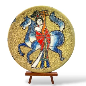 Vtg. MCM Asian Decorative Plate Enamel On Copper Geisha & Horse Design 10.5” - Picture 1 of 8