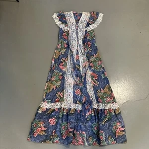 Abito Vintage Pellegrino Country Blu Stampa Floreale Pizzo Lungo Sud Taglia 13 M - Foto 1 di 11