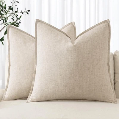 MIULEE 22x22 Euro Sham Pillow Covers 2 Pack Linen Beige Boho Farmhouse Throw - Image 1 of 4