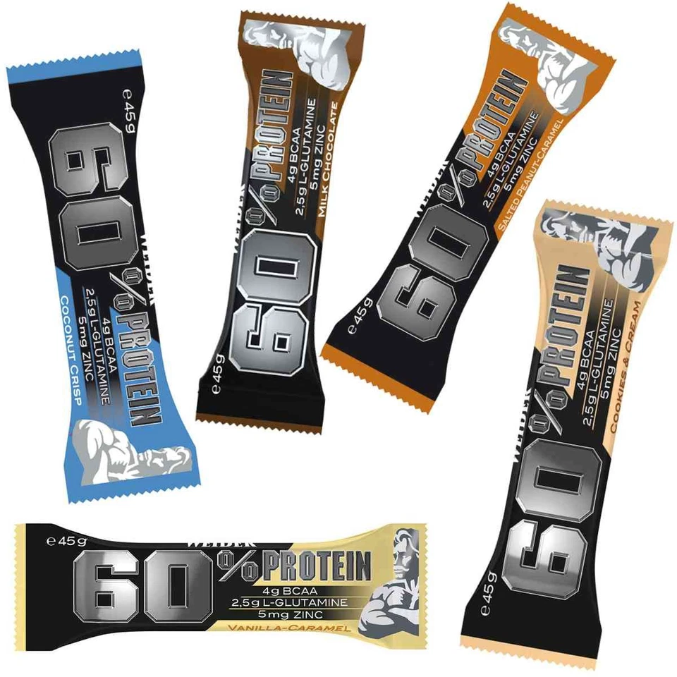 (48,98 EUR/kg) Weider 60% Protein Bar 24x45g Protein Riegel Snack Ernährung