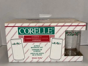 Vintage 8 PC Corelle Corning Winter Holly Iced Tea Drinking Glasses 16oz Holiday - Picture 1 of 10
