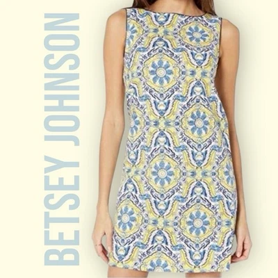 Betsey Johnson Yellow Blue China Plate Pattern Sleeveless Shift Dress Size 2 - Image 1 of 4