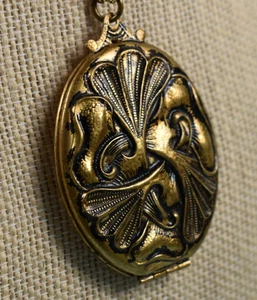 Vintage Art Nouveau Oval Large Deep  Mourning? Locket Gold Tone Added Chain  18" - Picture 1 of 12