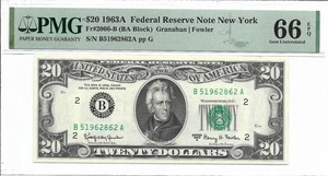 1963A $20 NEW YORK FRN. PMG GEM Uncirculated 66 EPQ Banknote. B/A Block - Picture 1 of 2
