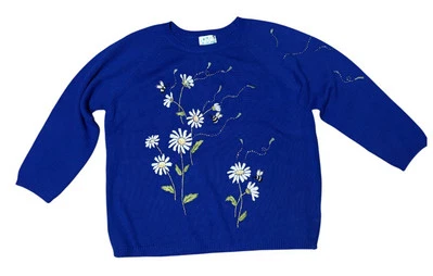 NWT Quacker Factory Sweater Women's 1X Blue With Flowers Bees Embroidered Back - Image 1 of 4