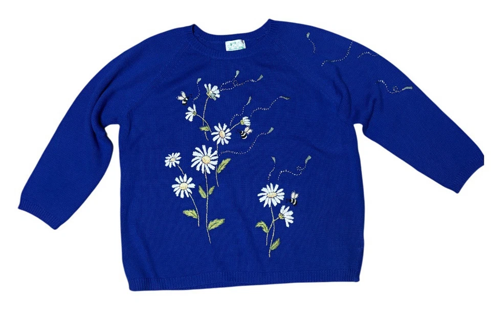 NWT Quacker Factory Sweater Women's 1X Blue With Flowers Bees Embroidered Back - Image 1 of 4