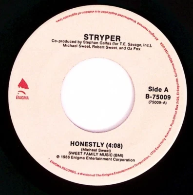 STRYPER HONESTLY/SING-ALONG-SONG ENGIMA RECORDS VINYL 45 75-74 - Image 1 of 3