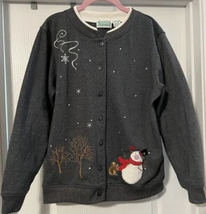 Shenanigans Sweater Snowmen/Christmas/Holidays Women’s Med Gray Button Up Warm - Picture 1 of 11