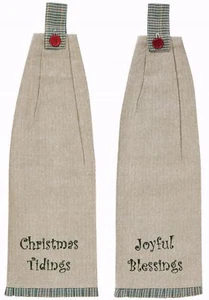 2er Set Küchentücher mit Knopfschlaufe grün gerafft bestickt Weihnachtsbotschaft - Bild 1 von 9