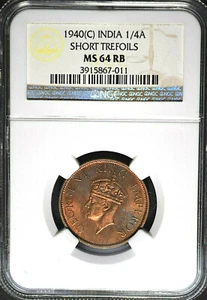 India British 1940(C) 1/4 Anna Short Trefoils NGC MS64RB Certified - Picture 1 of 3