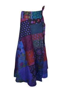 Boho Blue Patchwork Cotton Wrap Skirt Floral Print Beach Cover Up Sarong Dress 