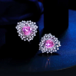 Romantic Silver Plated Cubic Zircon Firework Flower Pink Love Heart Stud Earring - Picture 1 of 7