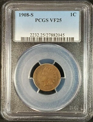 1908-S Indian Head Cent PCGS VF25 2232.25/27882045 Exquisite Coin Rare - Image 1 of 4