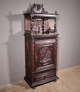 77" Tall French Antique Breton Cabinet in Solid Chestnut Wood w/Carved Figures - Picture 1 of 18