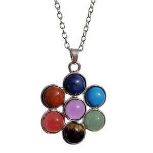 Seven Chakra Flower Necklace Pendant Natural Crystal Gemstone 18" Chain & Boxed - Picture 1 of 10