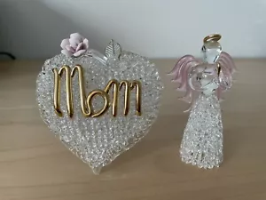 Beautiful Mom Heart & Pink Angel Keepsake Crystal Glass Art With Gold Details - Picture 1 of 11