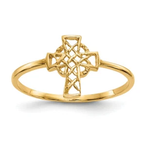 14K Solid Yellow Gold Heart Celtic Cross Ring - Picture 1 of 82