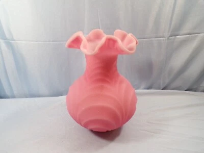 Fenton Pink Satin Glass Embossed Scroll or Peacock Tail Vase - Image 1 of 4