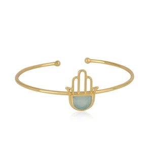 Minimalist Hamsa Hand Shaped Cuff Bangle Bracelet With D Design Aqua Chalcedony - Picture 1 of 7