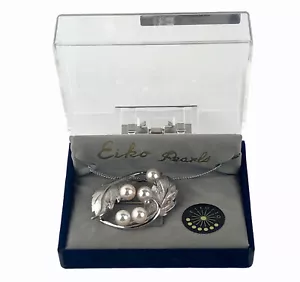 Vintage Eiko Pearls Sterling & Rhodium Plated Leaf Brooch with Silver Chain NEW - Picture 1 of 7