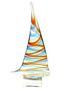 Art Glass Murano? Style Hand Blown Sailboat Multi Color Clear Base Figurine - Picture 1 of 9