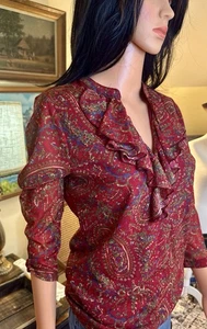 Blusa Chaps denim trasparente manica 3/4 con volant paisley taglia L nuova con etichetta taglia large - Foto 1 di 8