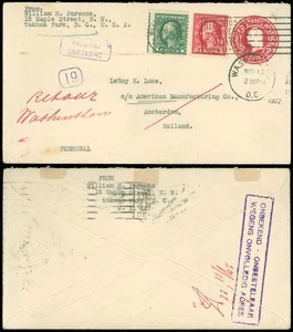 CD Wash DC 1922, destino extranjero a Holanda, auxiliar INCONNU ONBEKEND, ms devolución - Imagen 1 de 1