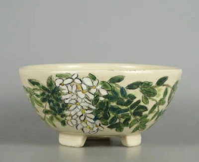 Japanese Bonsai pot SEMIYAMA signed IROE Flower painted Round φ4.9" *1459 7 - Image 1 of 4