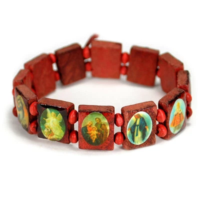 PULSERA DE CUENTAS SANTAS Madera Roja Elasítica Icono Religioso Jesús Ángel Católico Foto 1 de 3