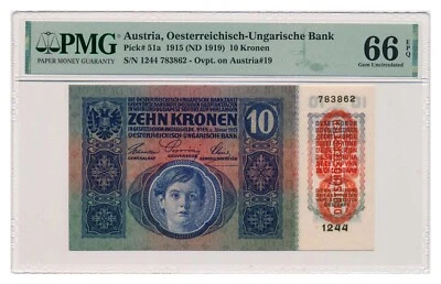 AUSTRIA banknote 10 Kronen 1919 PMG MS 66 EPQ Gem Uncirculated - Image 1 of 4