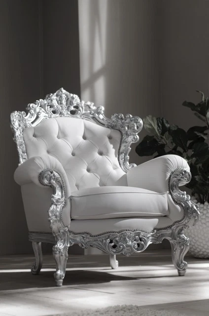 Poltrona Trono Barocco Ecopelle Swarovski Argento Massello Intagliata  - Immagine 1 di 1