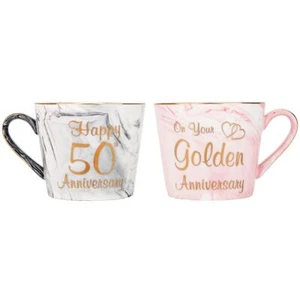 Beautiful 50th Anniversary Grey and Pink Marble Ceramic Mugs with Golden Trim... - Picture 1 of 7