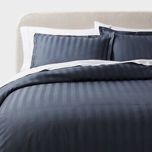 3pc Full/Queen Luxe Striped Damask Duvet Cover and Sham Set Dark Teal Blue -