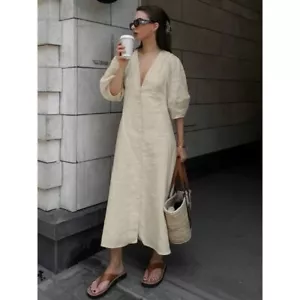 Commense Cotton & Linen Button-Front Knotted Elegant V-Neck Puff Sleeve Beige M - Picture 1 of 5