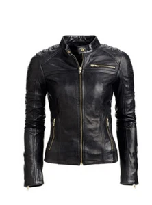 Ladies Women Black Slim Fit Biker Motorcycle Style Real Leather Jacket - Picture 1 of 3