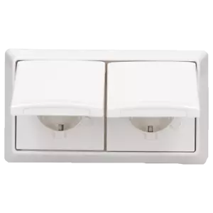 Busch Jaeger Allwetter 44 Set 2x Steckdose Klappdeckel + 2-fach Rahmen Alpinweiß - Bild 1 von 4