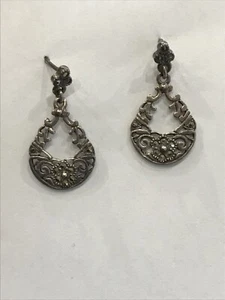 Pendientes colgantes colgantes vintage de plata de ley 925 de marcasita - Imagen 1 de 5