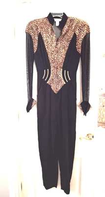 Vintage Cache Black And Leopard Print Jumpsuit Catsuit Size 8 US Made - Image 1 of 4
