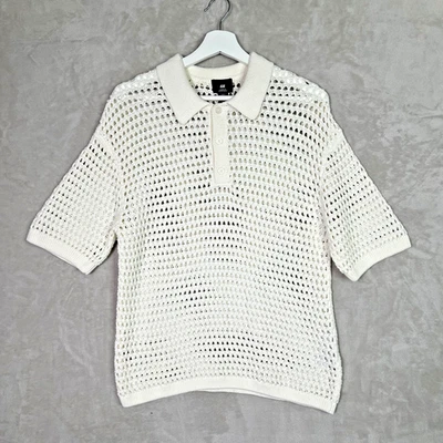 Camisa polo H&M holgada tejida con agujeros para hombre talla pequeña marfil algodón ganchillo Foto 1 de 4
