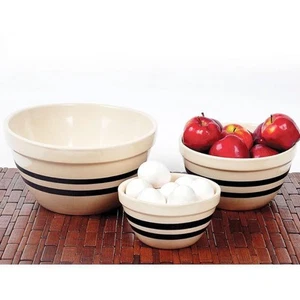 Ohio Stoneware Shoulder Bowls USA Made Tan with Blue Stripe Set of 3 Sizes - Picture 1 of 6